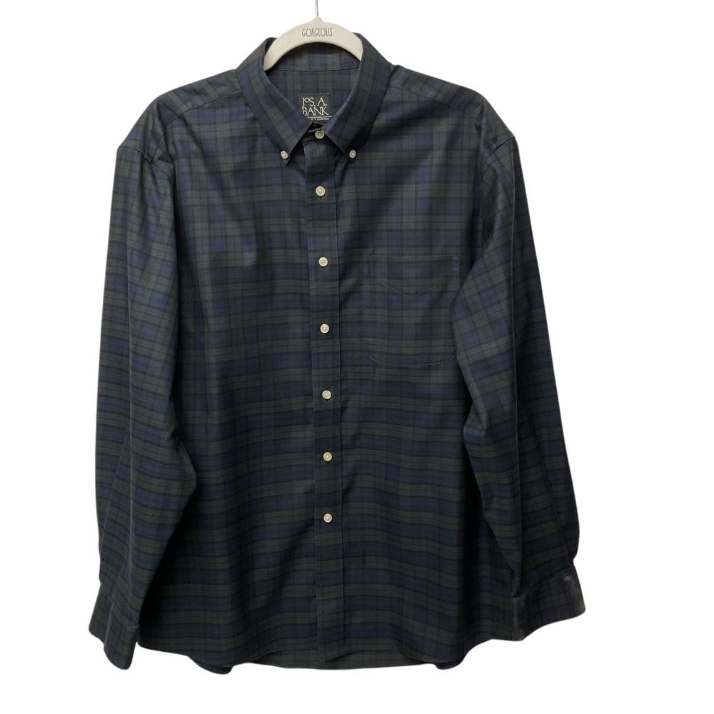 Jos A Bank Men's Button Down Blackwatch ‎ Plaid Shirt Size L Navy Blue and Green